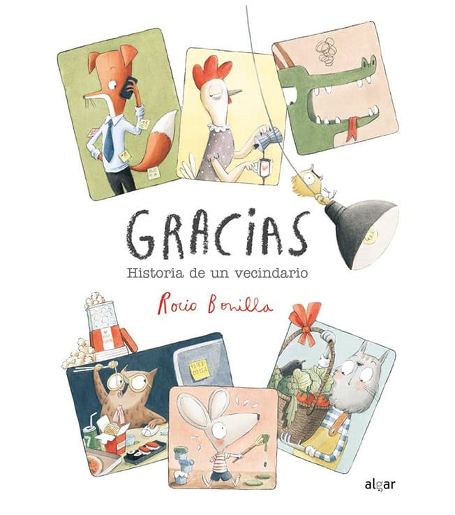 Portada del álbum ilustrado Gracias - Historia de un vecindario de Rocio Bonilla con sello ENTRAÑABLE